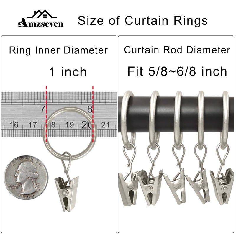 AMZSEVEN 44 Pack Metal Curtain Rings with Clips, Drapery Clips with Rings, Drapes Rings 1 inch Inner Diameter, Fits Diameter 5/8 inch Curtain Rods, Matte Silver - Image 3